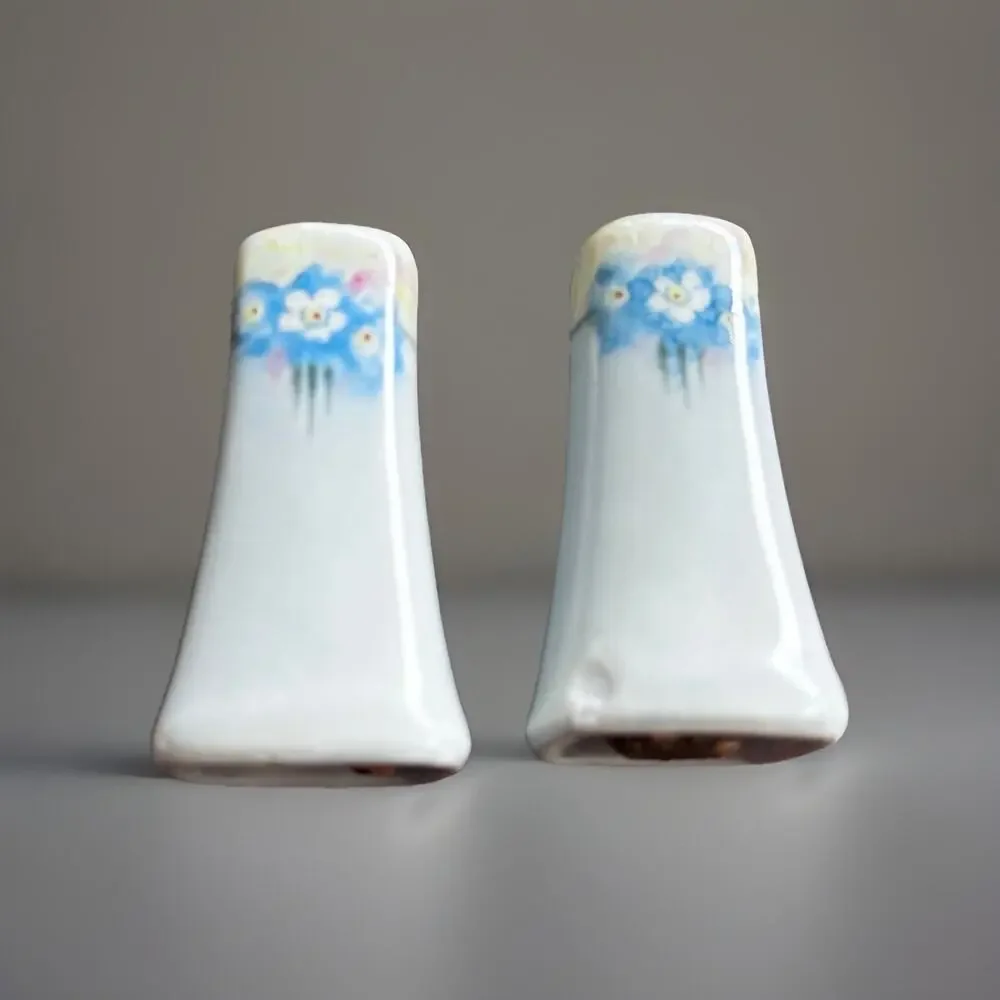Vintage Porcelain Hand Painted Salt And Pepper Shakers Japan Blue Floral Tiny